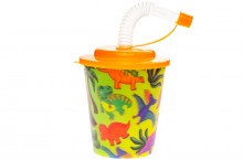 Plastic cup with a tube and a lid - 3D dinosaurs