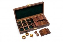 A set of games in a wooden box inlaid with brass