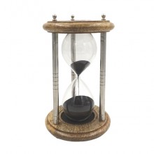 Brass and wooden hourglass with black sand