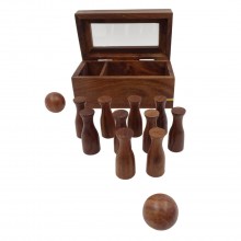 Wooden mini bowling pins in a box