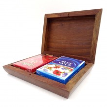 Two decks of playing cards in a wooden box