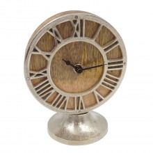 Table clock wood + metal, dial 13 cm