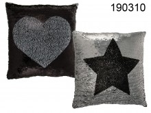 Silver/Black Sequin Cushion with Heart and Star